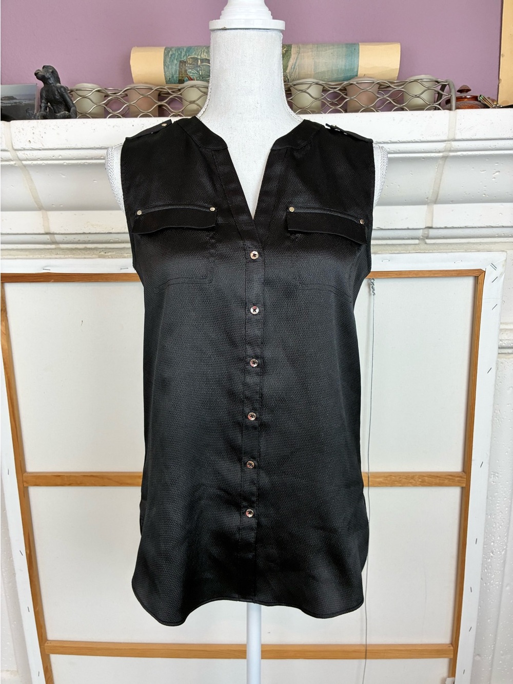 WHBM Black Sleeveless Button-Front Women's Top, Gold Hardware
